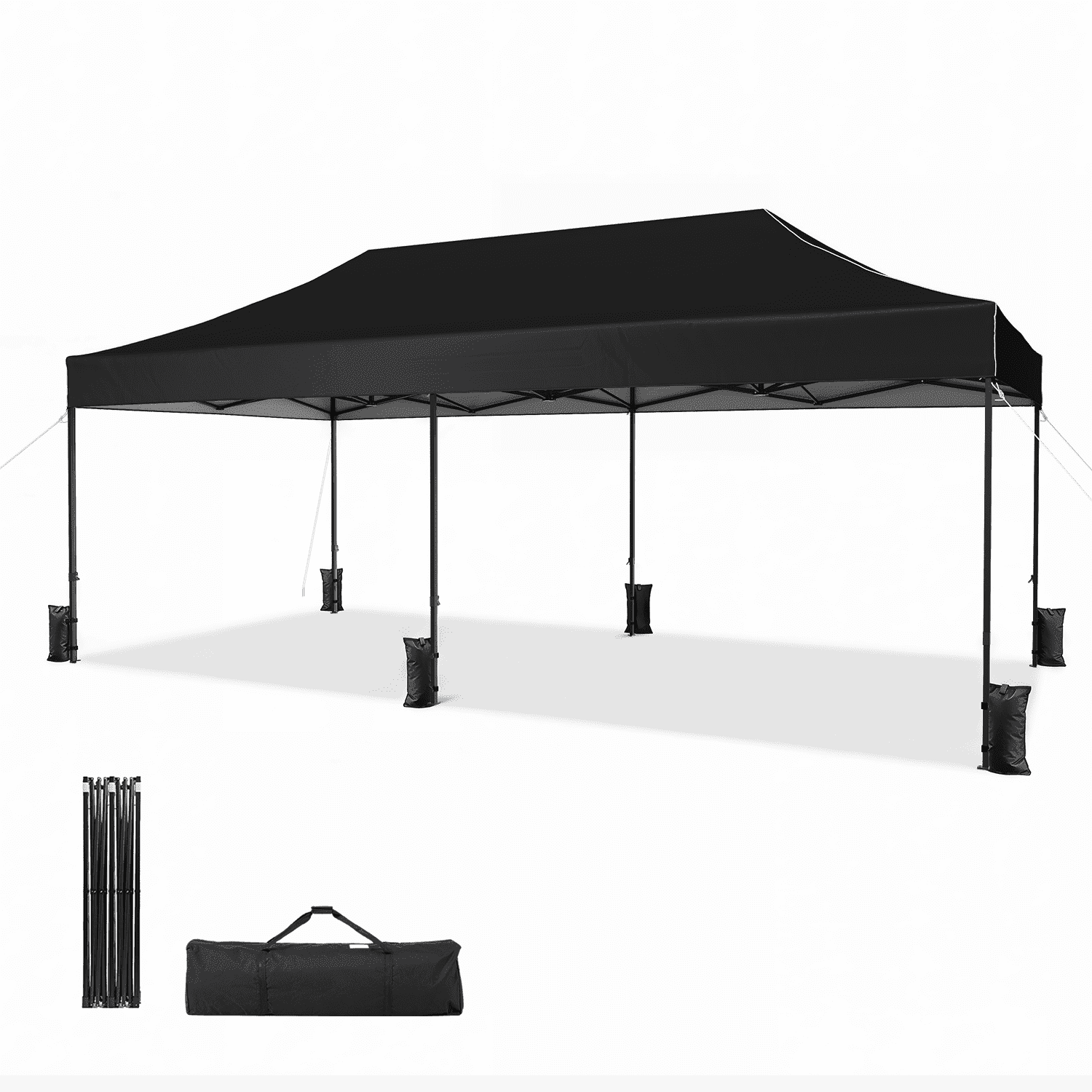 Dateyes 10x20FT Pop Up Canopy, Outdoor Canopy Tent with Carry Bag, Easy Setup Portable Instant Canopy with 4 Sandbags and 12 Stakes for Outdoor Events, Commercial, Beach, Backyard, Lawn, Black