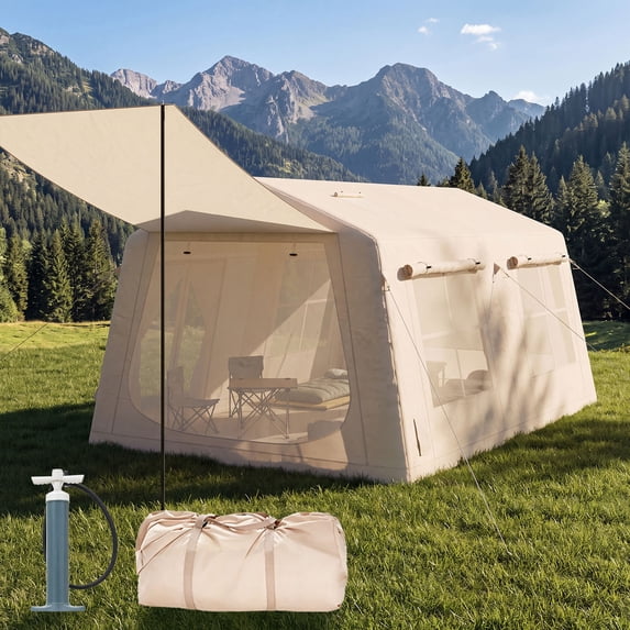 Dateyes 13x9 FT Inflatable Camping Tent for 8-10 Person, All-Season Blow Up Tent with Stove Jack, Easy Setup Portable Air Tent for Family Glamping, Beige