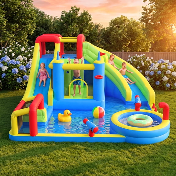 Dateyes 14x17FT Inflatable Water Slide for Kids, Inflatable Bounce Castle with 450W Blower, 8 in 1 Water Park Bounce House for Outdoor Indoor Outdoor Family Backyard Play, Large Water Park