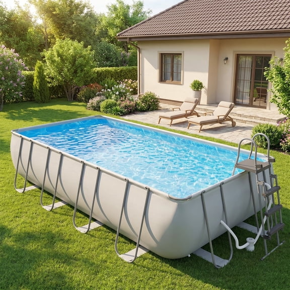 Dateyes 18' U-Frame Swimming Pool, Thickened PVC Liner, with Filter Pump, Removable Ladder & Pool Cover, Spacious for Multiple People, Perfect for Parties and Daily Summer Use, Gray