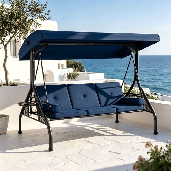 LazySunset 3 Seat Outdoor Patio Swing with Adjustable Canopy, Porch Glider Swing with Thickened Cushions Pillows and Cup Holders for Adults, Blue