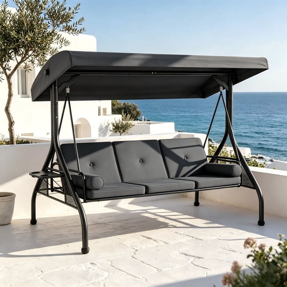 LazySunset 3 Seat Outdoor Patio Swing with Adjustable Canopy, Porch Glider Swing with Thickened Cushions Pillows and Cup Holders for Adults, Gray
