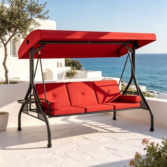 LazySunset 3 Seat Outdoor Patio Swing with Adjustable Canopy, Porch Glider Swing with Thickened Cushions Pillows and Cup Holders for Adults, Red