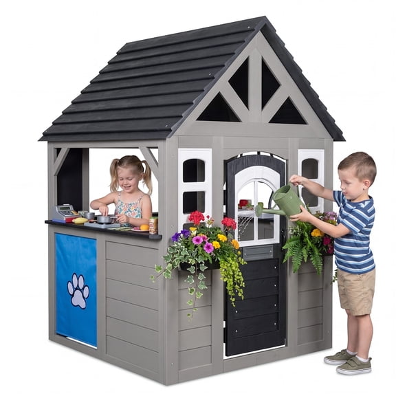 Dateyes 3x4FT Grey Wooden Kids Playhouse Gable Roof with Chimney, Outdoor Play Cottage with Kitchen Set, Working Doorbell, Pet Door, Mailbox & Chalkboard