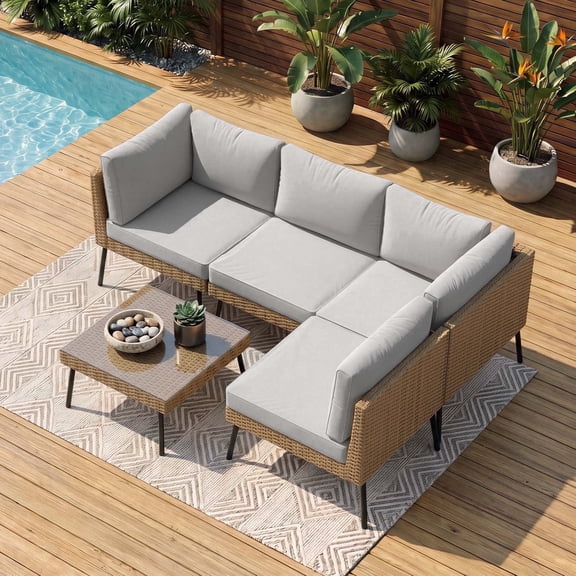 Dateyes 5‑Piece Rattan Outdoor Sectional Sofa Set, Light Gray Cushions Patio Conversation Furniture Set