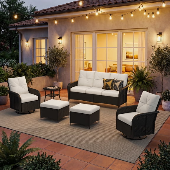 Dateyes 6-Piece Patio Furniture Set, High Back Swivel Rocker Chairs with Thick Cushions, Wicker Rattan Outdoor Sectional Sofa with Ottoman, Beige & Black Rattan