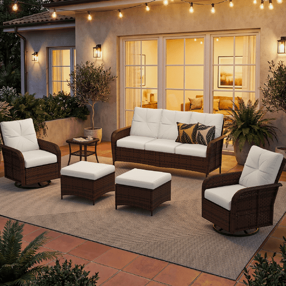 Dateyes 6-Piece Patio Furniture Set, High Back Swivel Rocker Chairs with Thick Cushions, Wicker Rattan Outdoor Sectional Sofa with Ottoman, Beige
