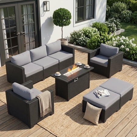 Dateyes 6 Pieces Outdoor Wicker Patio Furniture Set with Propane Fire Pit Table, 5-Seater Rattan Sectional Sofa Conversation Set with Cushions for Backyard Garden,Gray