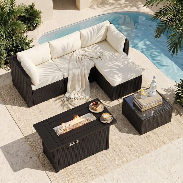 Building Pit Set Dateyes 6 Pieces Patio Furniture Set with Fire Pit, All-Weather Wicker ...