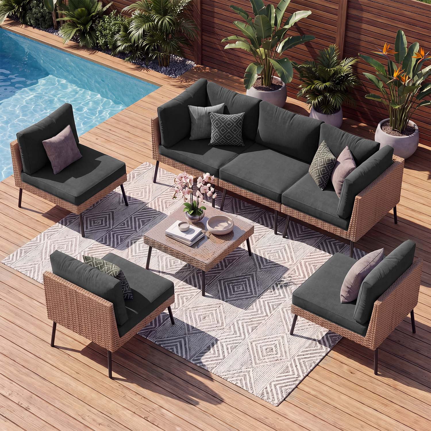 Dateyes 7‑Piece Modular Rattan Patio Sectional Sofa Set, Outdoor Conversation Furniture with Black Weather‑Resistant Cushions for Backyard Garden