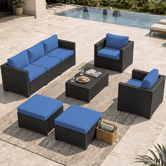 Dateyes 7 Seats Patio Furniture Set, Rattan Wicker Outdoor Conversation Sectional Sofa Set with Storage Coffee Table and Waterproof Cover,Blue