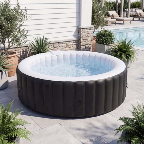 Dateyes 82'' 4-6 Person Inflatable Hot Tub, Round Portable Outdoor with 130 Soothing Air Jets & Built-in Heater Pump, Insulated Cover and Filter System, Hot Tub Spa with Leak-Proof PVC, Black