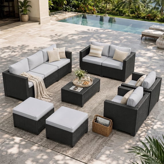 Dateyes 9 Seats Patio Furniture Set, Rattan Wicker Outdoor Conversation Sectional Sofa Set with Storage Coffee Table and Waterproof Cover,Gray