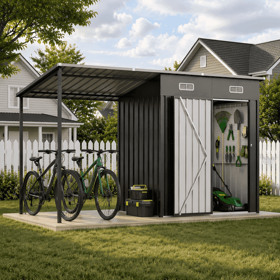 Dateyes Outdoor Storage Shed with Pergola, 10x3 FT Sheds & Hardtop Gazebo Combo with 30 Sq. Ft Covered, 2-in-1 DIY Tool Shed with Attached Hardtop Metal Pergola, Black