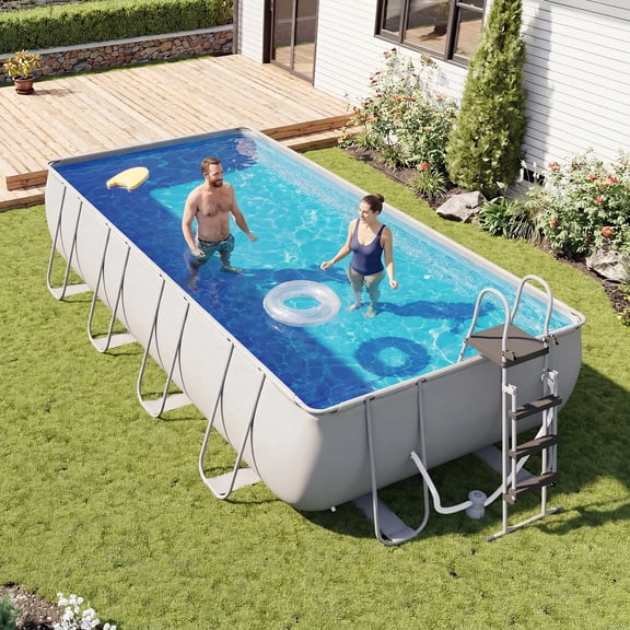 Dateyes Rectangular Above Ground Pool Set with Thickened PVC Liner, Large Swimming Pool with Removable Ladder and Filter Pump, Thickened PVC Linerfor Backyard, 18' x 9' x 3.9'