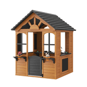 Dateyes S5-A Wooden Kids Playhouse 4x4FT Brown Gable Roof, Indoor Outdoor Play Cottage with Complete Kitchen Toys