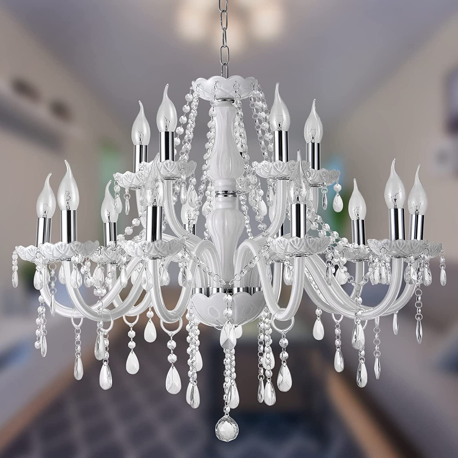 White Crystal 15-Light Modern Candle Chandelier