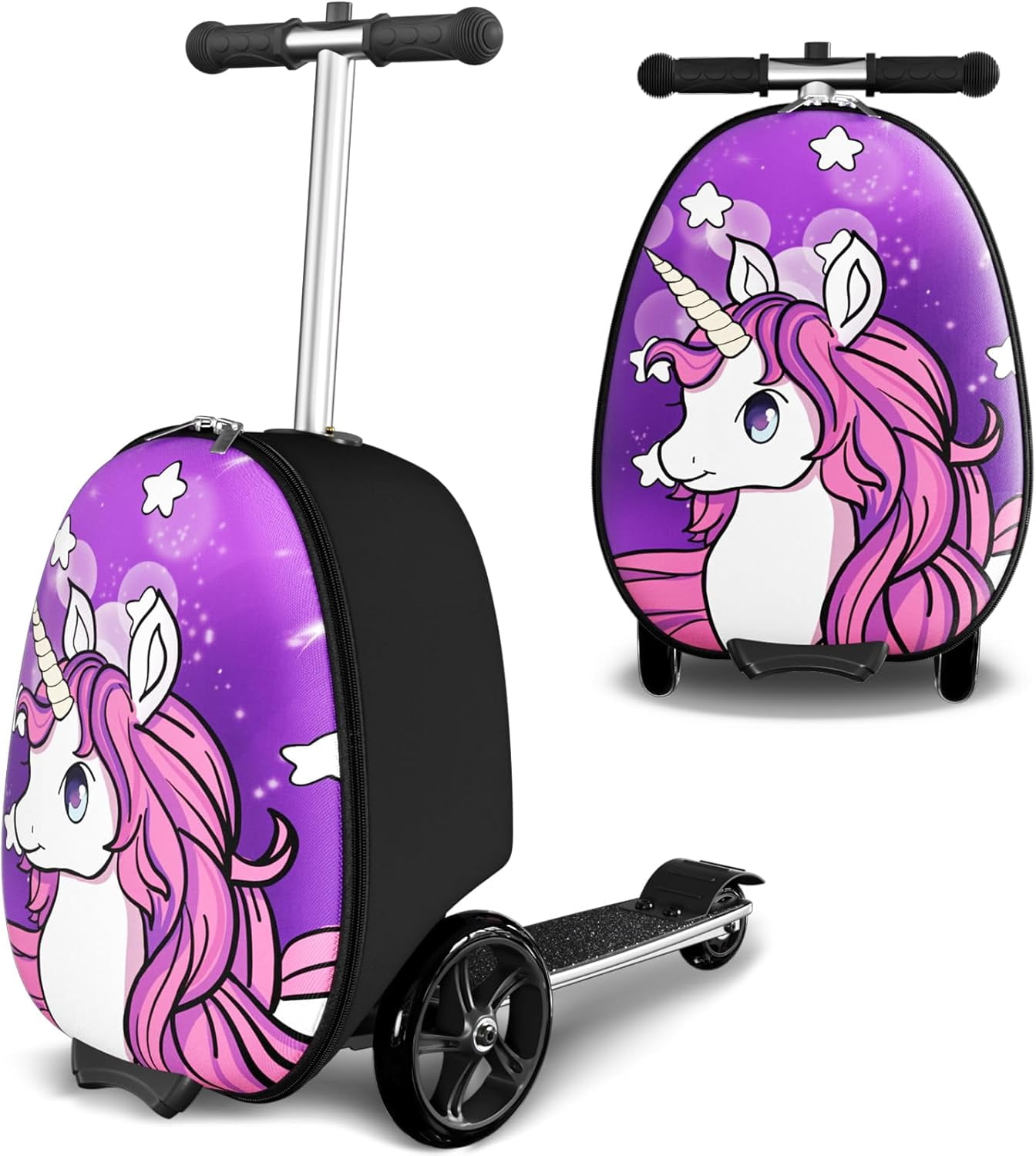 Datingday 2-in-1 Kids Scooter Luggage with LED Light-Up Wheels | Adjustable Handle | Airplane Approved Carry-On for Ages 5-12 | Foldable & Lightweight Travel Suitcase，Purple