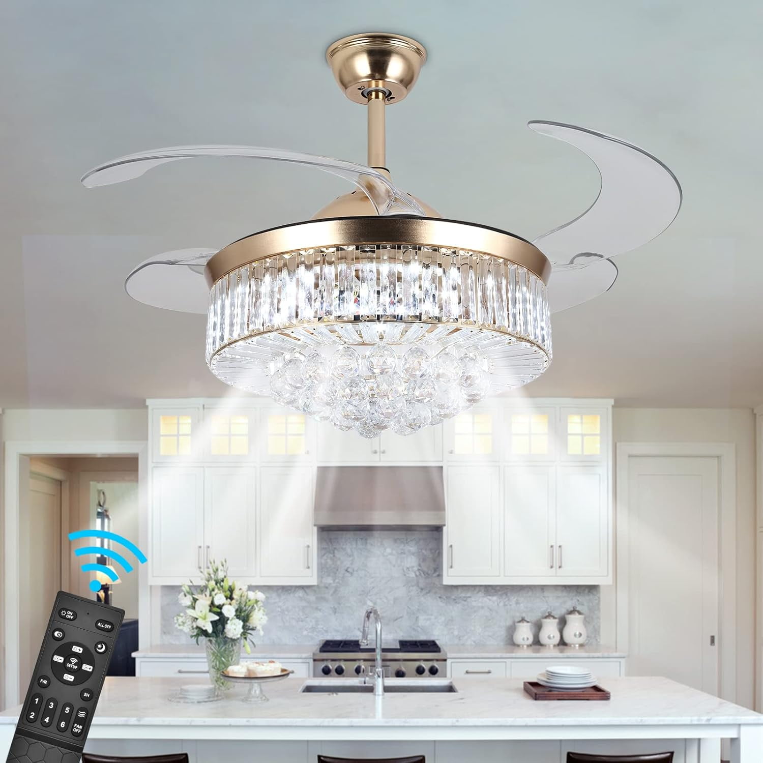 36" Invisible Retractable Ceiling Fan With Chandelier Light - Remote Control, 6 Speeds, 3 Light Colors