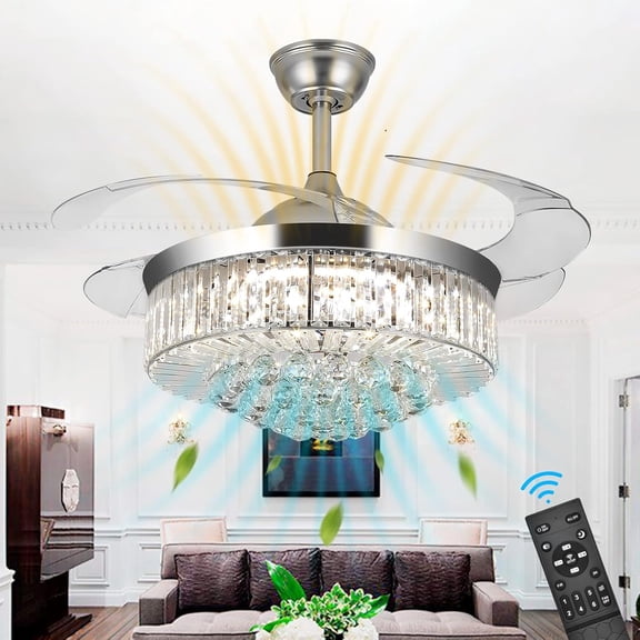 Datingday 42 Inch Crystal Ceiling Fan Silver Crystal Ceiling Fan Chandelier with Remote 6 Speeds 3 Colors Changes Lighting Fixture, 4 Blades Retractable Fans for Bedroom Living Room Dining Room
