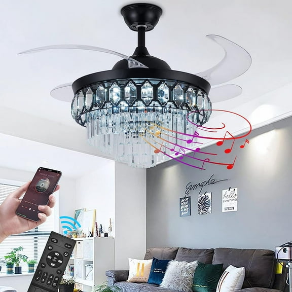 Datingday 42 Inch LED Crystal Ceiling Fan with Lights Smart Bluetooth Music Player, Reverse Dimmable Remote Control Retractable Invisible Blades Indoor Ceiling Fan for Living Room Polished Chrome