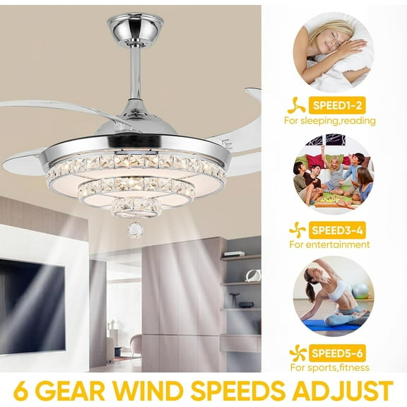 Datingday 42 Inch LED Crystal Chandelier Ceiling Fans,Silver LED Stepless Dimmable Crystal Fandelier with Remote Control Retractable Invisible Blades 6 Speeds Indoor Fandelier for Living Room Bedroom