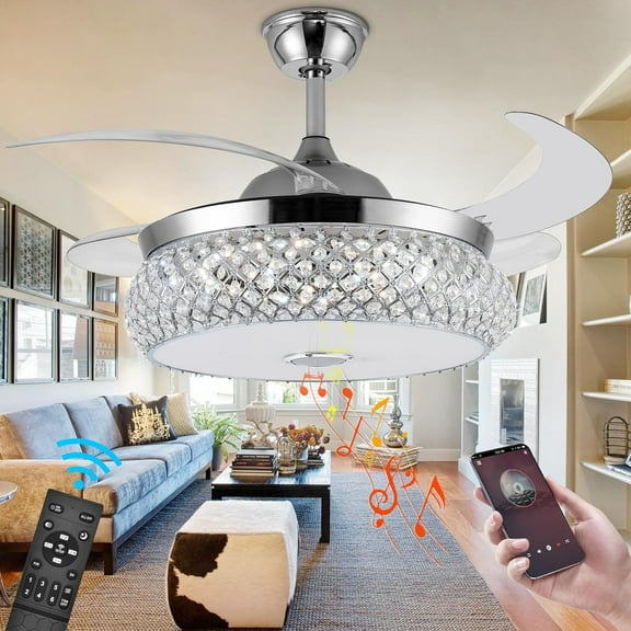 Datingday 42" Invisible Ceiling Fan Chandelier with Light and Bluetooth Speaker,Modern 3 Color Change Crystal Ceiling Fan Light Remote Control 4 Retractable ABS Blades for Bedroom