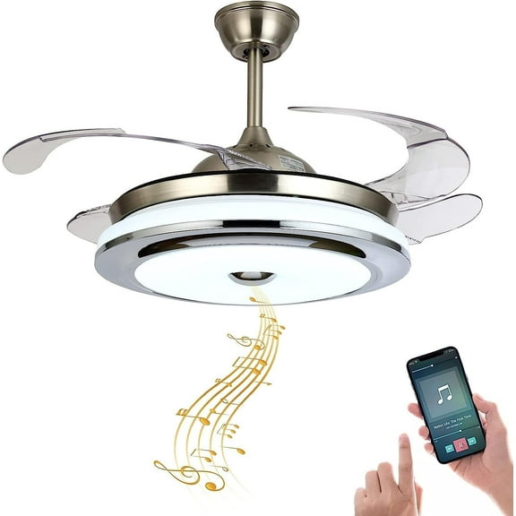 Datingday 42'' Reversible Bluetooth Ceiling Fan with Light and Speaker, LED Dimmable Fandelier Ceiling Fan Light with Remote Control Retractable Invisible Music Player Chandelier for Living Room