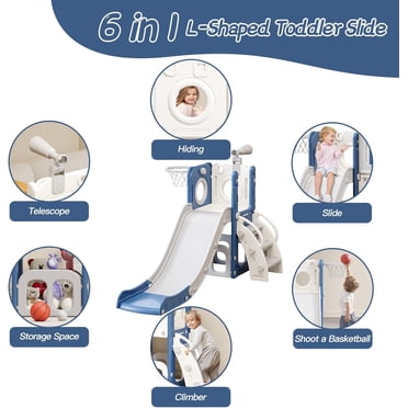 Datingday 6 in 1 Kids Toddler Slide for 1-3 Toddlers Extra-Long Slide with Basketball Hoop Indoor and Outdoor Baby Climber Playset Playground Freestanding Slide (White Blue)