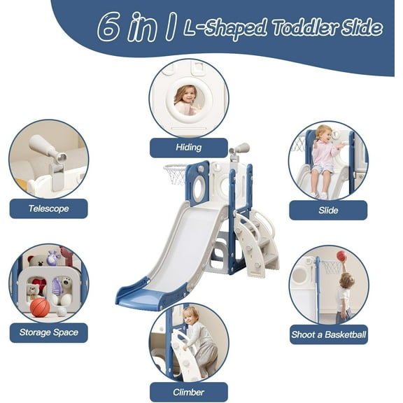 Datingday 6 in 1 Kids Toddler Slide for 1-3 Toddlers Extra-Long Slide with Basketball Hoop Indoor and Outdoor Baby Climber Playset Playground Freestanding Slide (White+Blue)