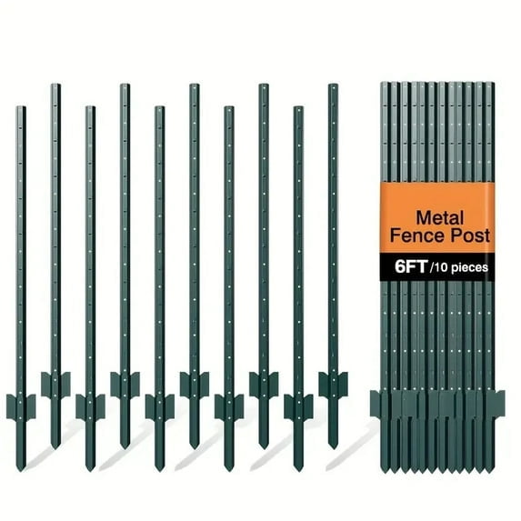 Datingday 6 Feet Fence Post, 10 Pack U-Channel Heavy Duty Metal Fence Posts with No-Dig Pointed Bottom, Sturdy Steel Fence Stakes for Garden Yard, Lawn, Farms and Outdoor Wire Fencing