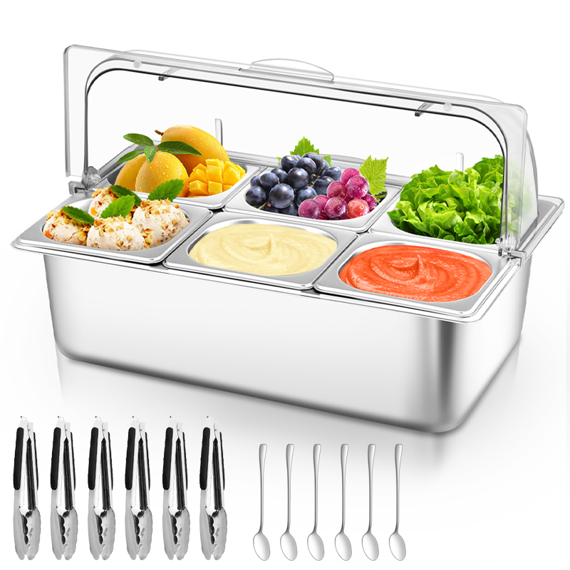 Contenedor exhibidor de acero inoxidable Datingday de 6 bandejas para buffet, con tapa superior transparente enrollable, bandeja de servicio aislada y enfriada con hielo para ensaladas, sushi y condimentos
