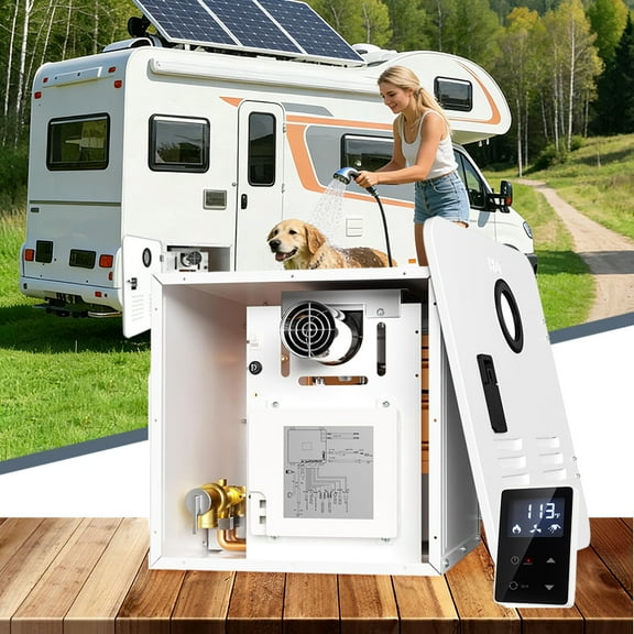 Datingday 65,000 BTU Propane RV Tankless Water Heater with Remote Control , High Altitude Compatible, 3.9 GPM Continuous Hot Water, Easy Installation, Includes White Door Panel