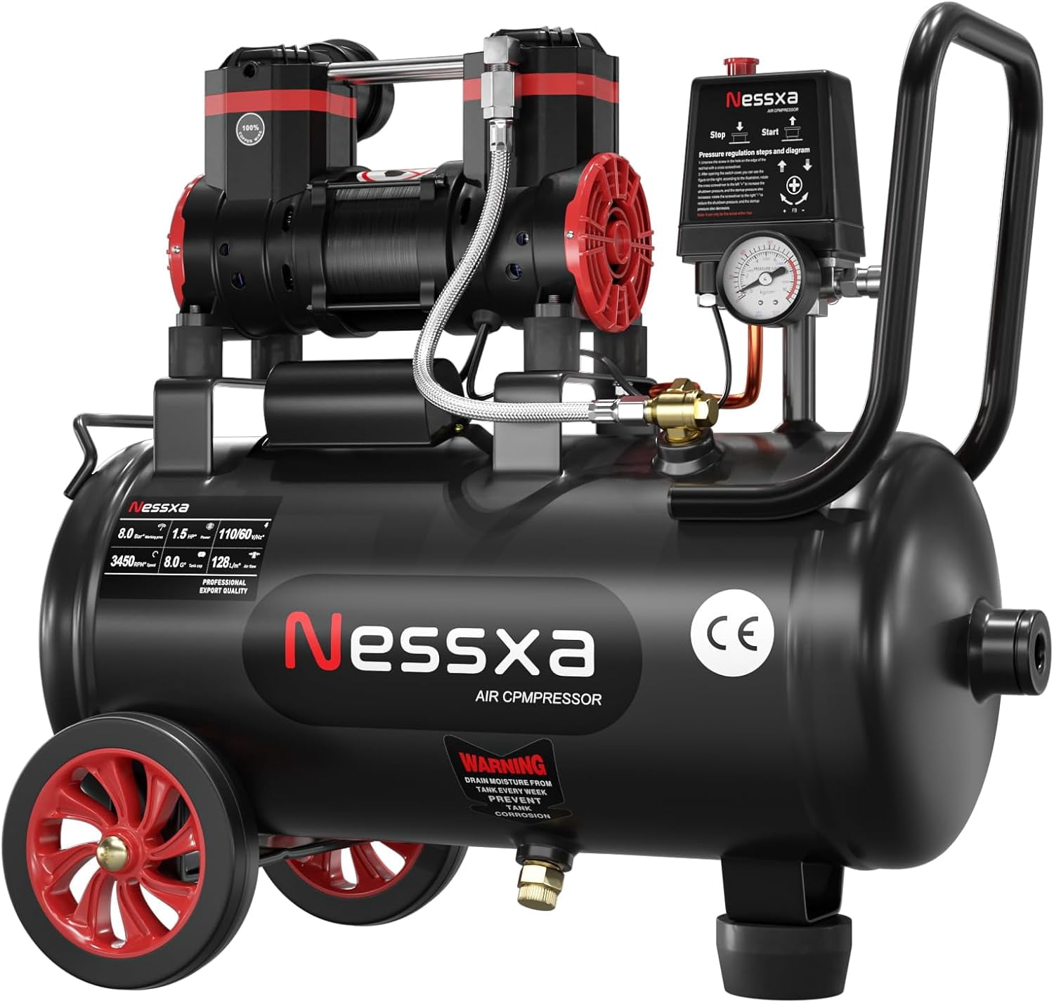 Datingday Air Compressor, 8 Gallon Steel Tank, 1.5HP 4.52 @115 PSI Oil Free Air Compressor , 70dB Ultra Quiet Portable Compressor, for Auto Repair, Tire Inflation, Spray Painting