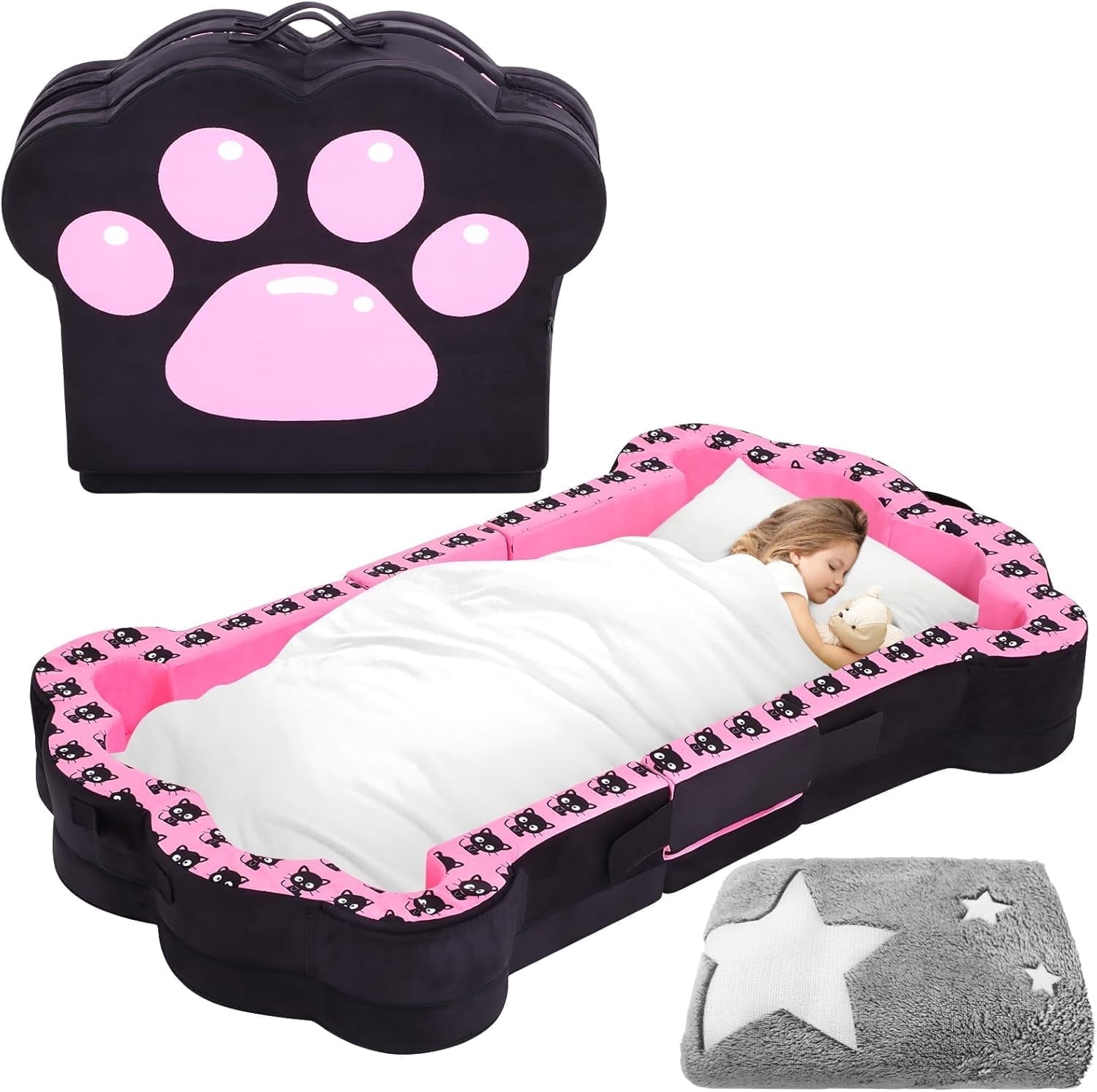 Datingday Black Pink Portable Toddler Bed,Soft,Safe and Washable Toddler Floor Bed for Toddlers,Foldable Toddler Travel Bed for 1-3 Kids(Black,S)