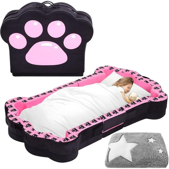 Datingday Black Pink Portable Toddler Bed,Soft,Safe and Washable Toddler Floor Bed for Toddlers,Foldable Toddler Travel Bed for 1-3 Kids(Black,S)