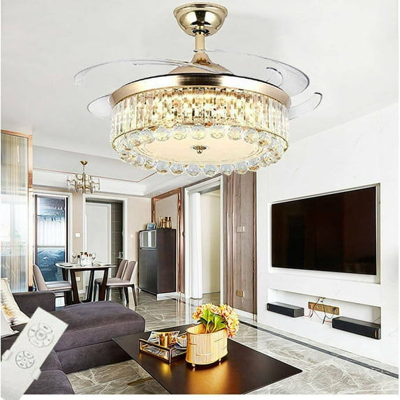 Datingday Crystal Ceiling Fans with Lights,42" Chandelier Ceiling Fan Light Invisible Blade Crystal LED With Remote Control