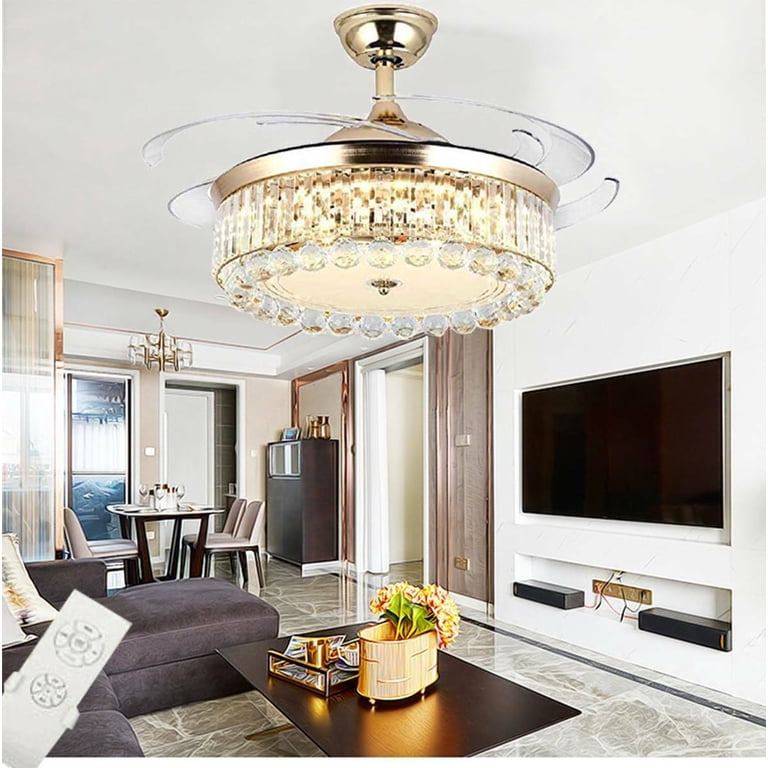 42 Inch Fandelier Ceiling Fan With Light - Retractable Crystal, Remote & APP Control, RGB Dimmable