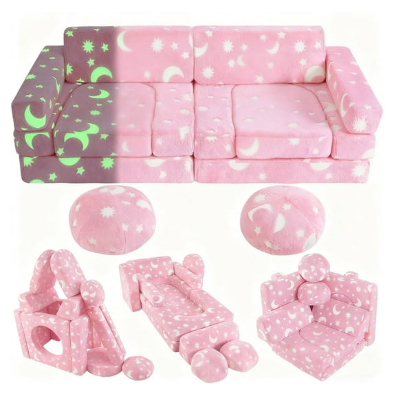 Datingday Glowing 13PCS Kids Play Couch Set, Modular Foam Sofa for Toddlers, Convertible Play Couch with Removable Washable Cover, Pink Kids Furniture for Playroom & Bedroom