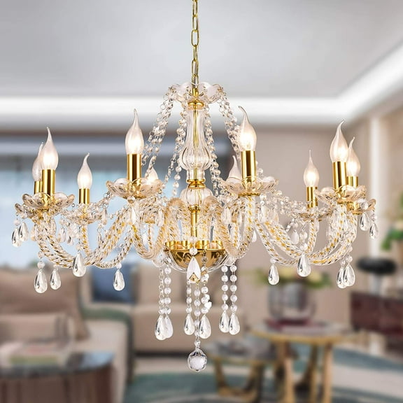 Datingday Gold Crystal Chandelier Lighting,10 Lights Chandeliers for Dining Room,K9 Crystal Pendant Ceiling Lamp,Modern Ceiling Light for Living Room Bedroom Hallway Entry,E12 Base(10 Lights)