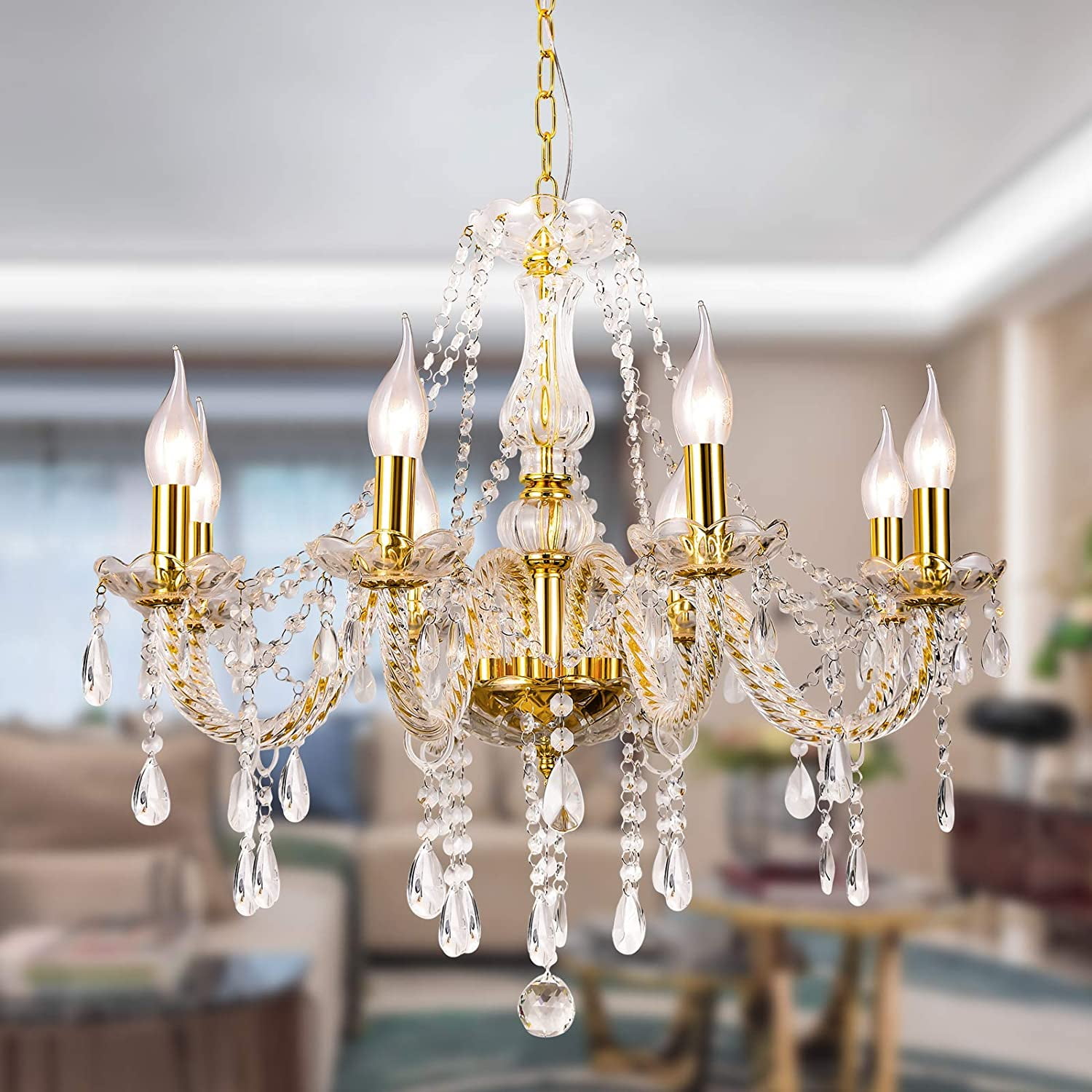 Datingday Gold Crystal Chandelier Lighting,8 Lights Chandeliers for Dining Room,K9 Crystal Pendant Ceiling Lamp,Modern Ceiling Light for Living Room Bedroom Hallway Entry,E12 Base(8 Lights)
