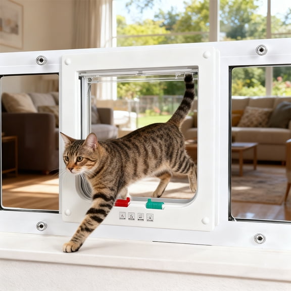 Datingday No-Drill Adjustable Cat Door for Sliding Windows – Fits 31" to 36" Width, 4 Locking Modes, Weatherproof Aluminum Frame, Magnetic Closure, Easy Install