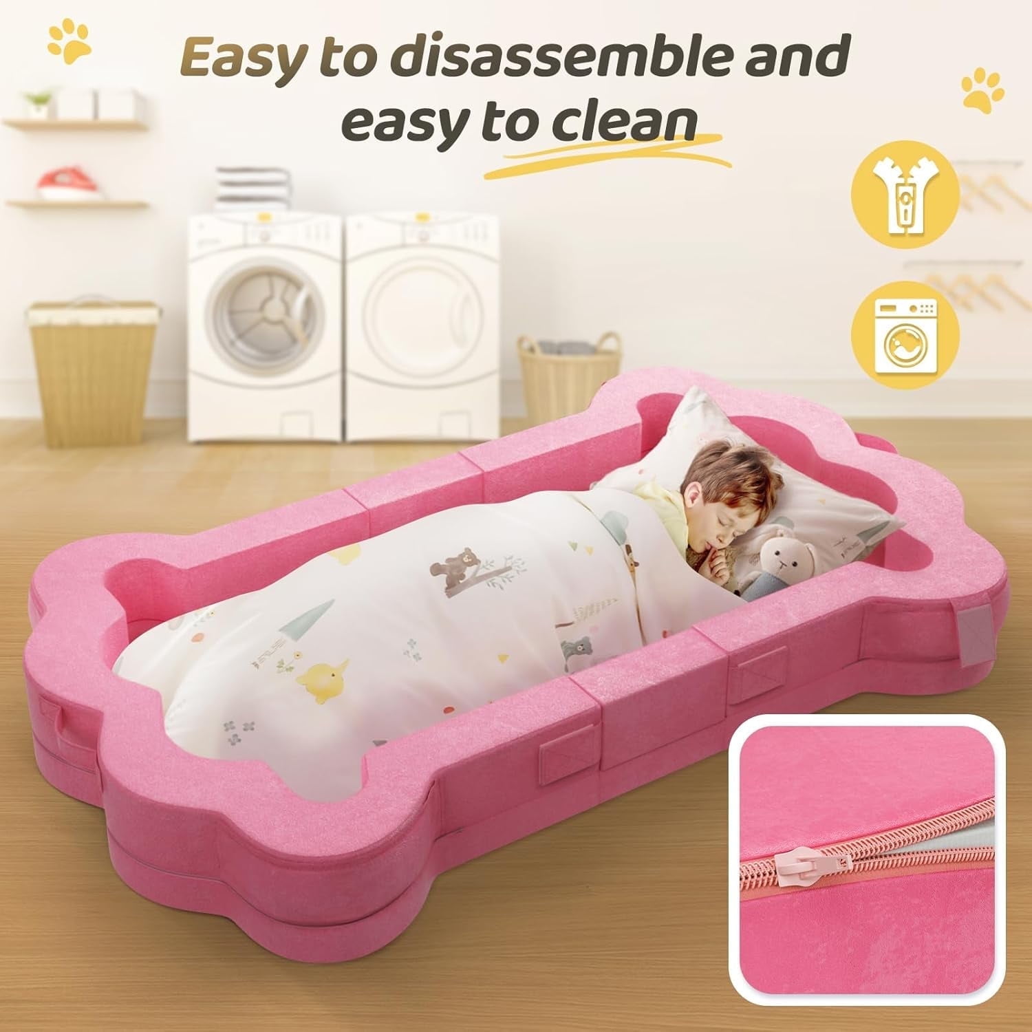 Datingday Pink Portable Toddler Bed,Toddler Floor Bed for Toddlers,Soft, Safe and Washable Foldable Toddler Travel Bed for 1-5 Kids(Pink,L)