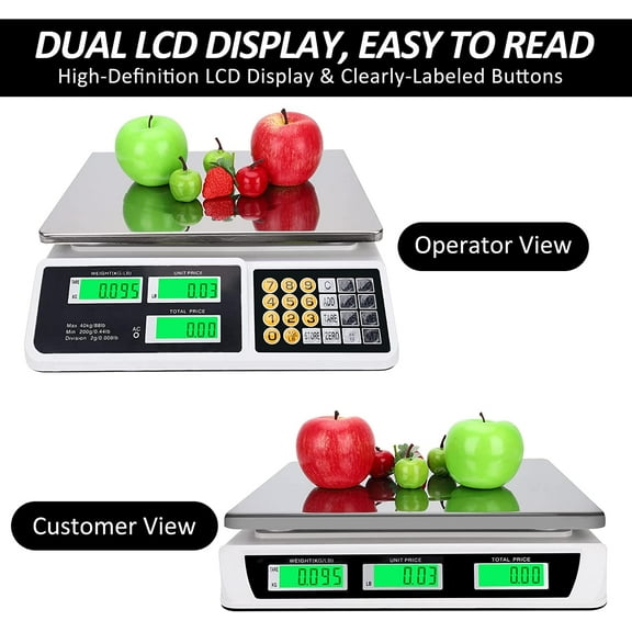 Datingday Price Computing Scale 88lb/40kg Digital Commercial Price Scale for Food Produce Counting Weight Scale with Dual LCD Display for Farmers Market, Retail Outlets, Meat Shop, Deli