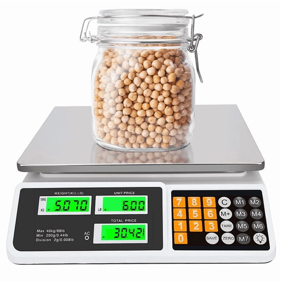 Datingday Price Computing Scale 88lb/40kg x 2g, Digital Commercial & Food Scale with Stainless Steel Platform, Dual-Sided LCD Display for Retail, Meat Shop, Storing 8 Unit Prices & Dual Power Supply