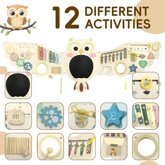 Datingday Sensory Wall Toy,Owl Activity Wall Busy Board Panels, Wooden Busy Board for Toddlers, Motor Skills Activity Center, Kids Learning Toys for Daycare & Playroom (55.7''x19.3'')