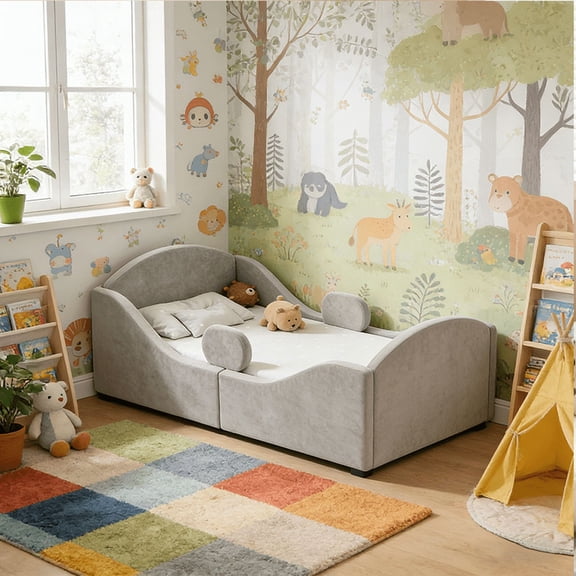 Datingday Toddler Floor Bed with Removable Safety Rails – Ultra Soft Upholstered Low-Profile Kids Bed, Standard Crib Size (Fits 52" x 28" Mattress), Gray, for Easy Crib-to-Big-Kid Bed Transition