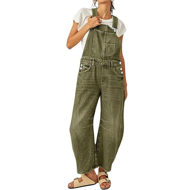 Datmelove Denim Overalls for Women Barrel Wide Leg Bib Baggy Jeans Adjustable Denim Romper Stretch Jumpsuit Y2K Pants