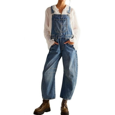 Datmelove Denim Overalls for Women Barrel Wide Leg Bib Baggy Jeans Adjustable Denim Romper Stretch Jumpsuit Y2K Pants