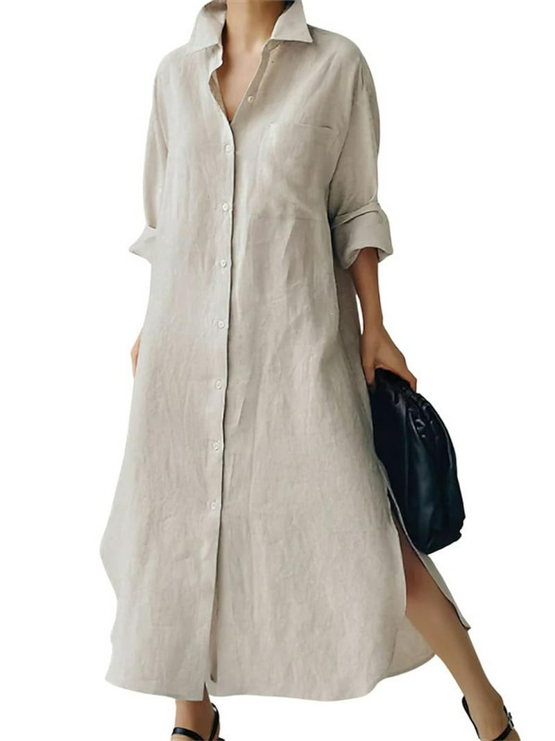 Datmelove Women's Spring Button Down Linen Shirt Dress Summer Flowy Side  Slit Maxi Shift Dress - Walmart.com